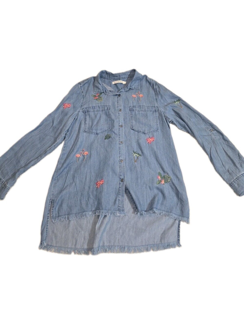 Standard Grace Women's Sz L Shirt Denim Chambray Lace Up Back Raw Hem...